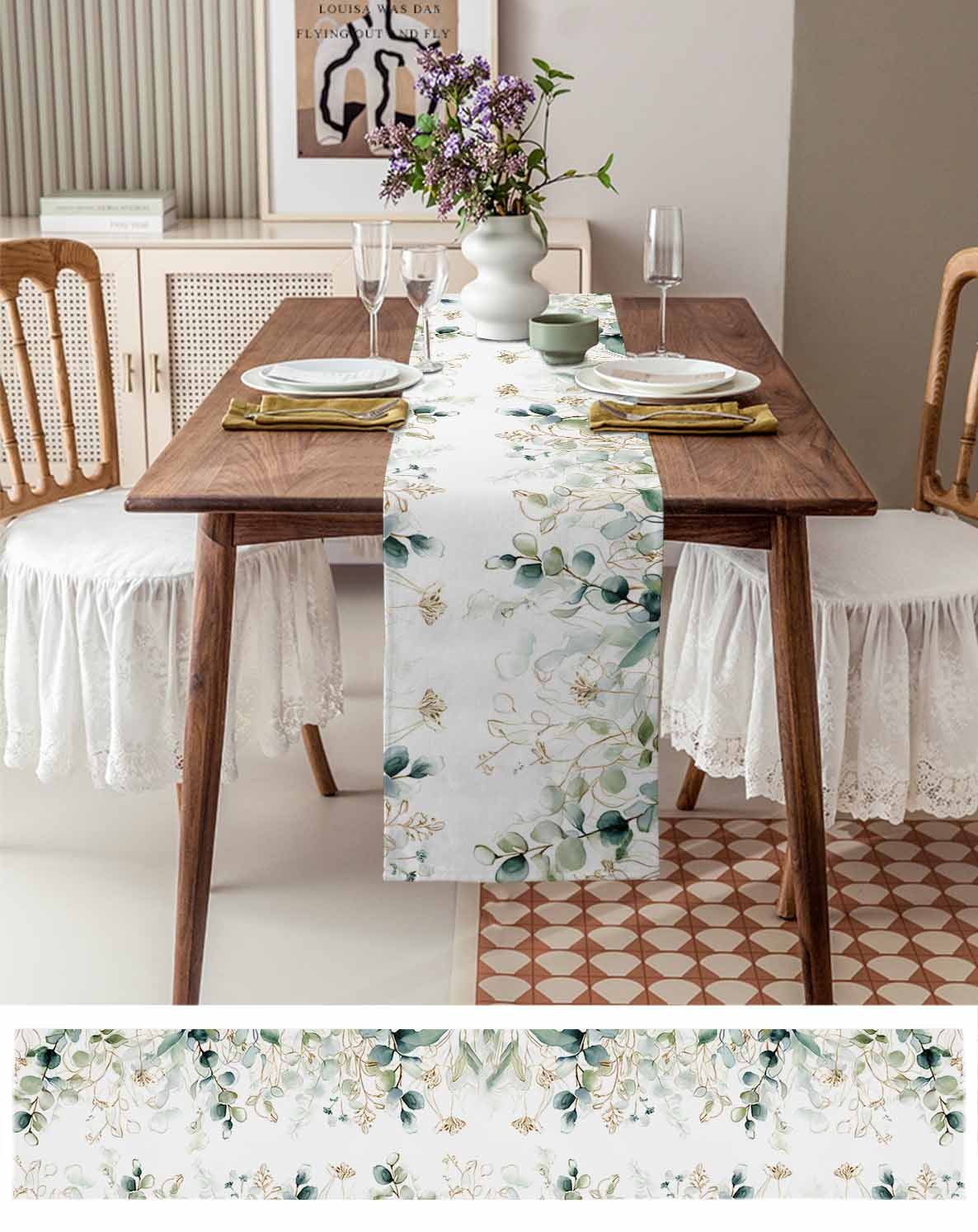 Eucalyptus Leaves Table Runner 70 Inches, Watercolor Sage Green Golden Floral Bed Runner Dresser Scarves Tabletop for Indoor Outdoor Parties/Ceremony/Banquet, 13" x 70"