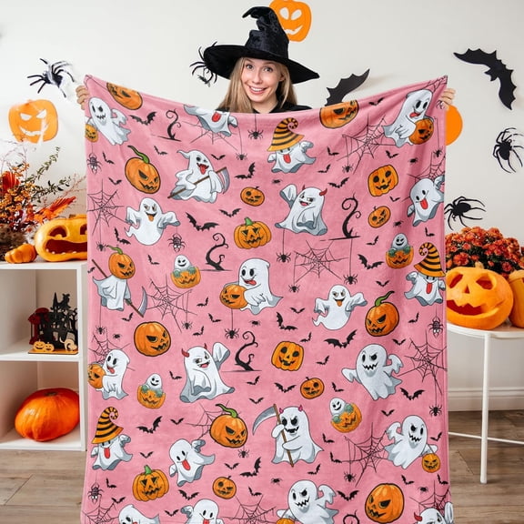 Pink Halloween Throw Blanket 50"x60", Cute Ghost Blanket for Girls Kids Soft Flannel Fleece Halloween Blankets and Throws Decor
