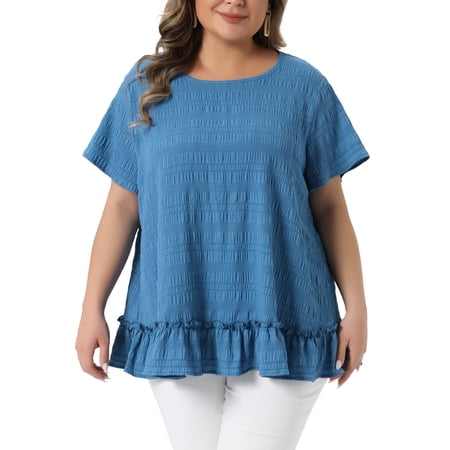 Agnes Orinda Women's Plus Size St. Patrick's Day Tops Layered Hem Crew Neck Short Sleeve Shirts Flowy Summer Casual Blouse 2X Blue