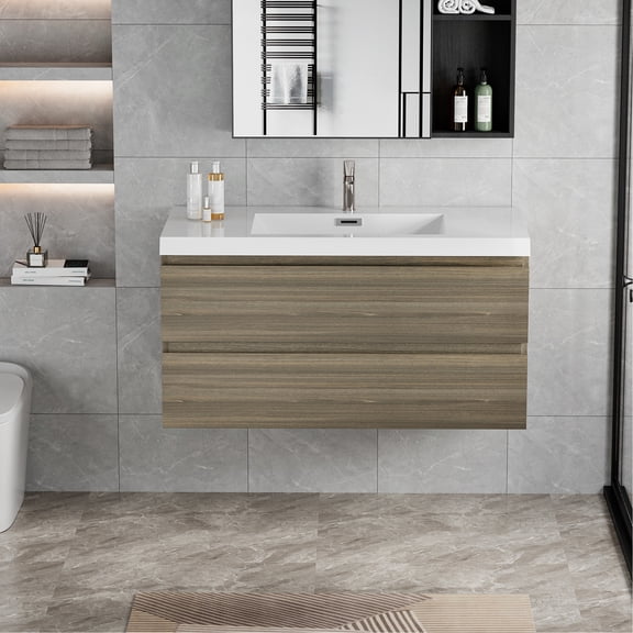 42" Bathroom Vanity Sink , Ash Grey. Resin Countertop, Functional Drawers Storage Vanity, Countertop Basin, Stylish Unit