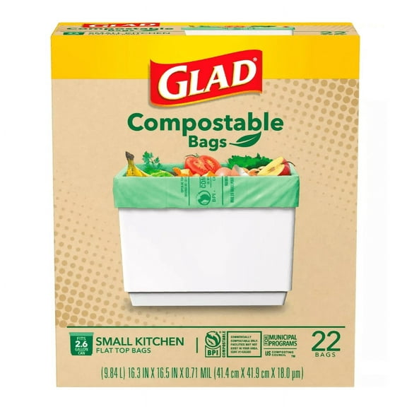 Glad Kitchen Compost Bags, 100% Compostable Bag, 2.6 Gallon, Unscented - 22 Count