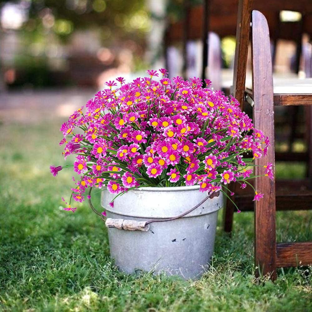 6 Bundles Outdoor Artificial Daisies Fake Flowers UV Resistant Shrubs, Faux Plastic Greenery for Indoor Outside Hanging Plants Garden Porch Window Box Home Wedding Farmhouse Decor (White)