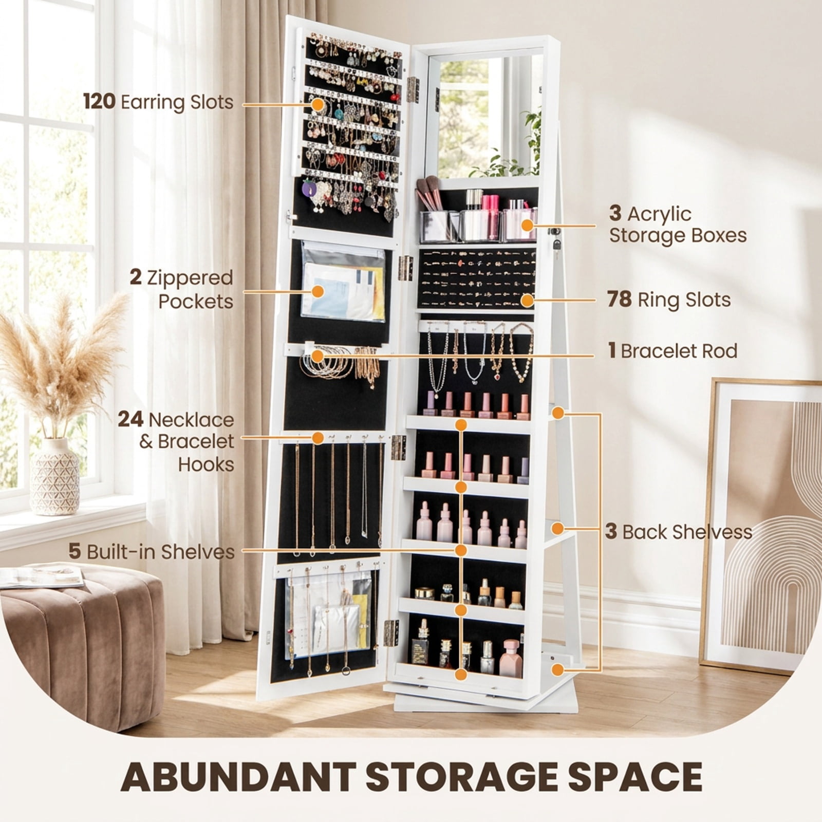 Furnibear 360° Swivel Jewelry Armoire Standing Jewelry Organizer with Full Length Mirror and Back Shelves for Bedroom Dressing Room Jewelry, White