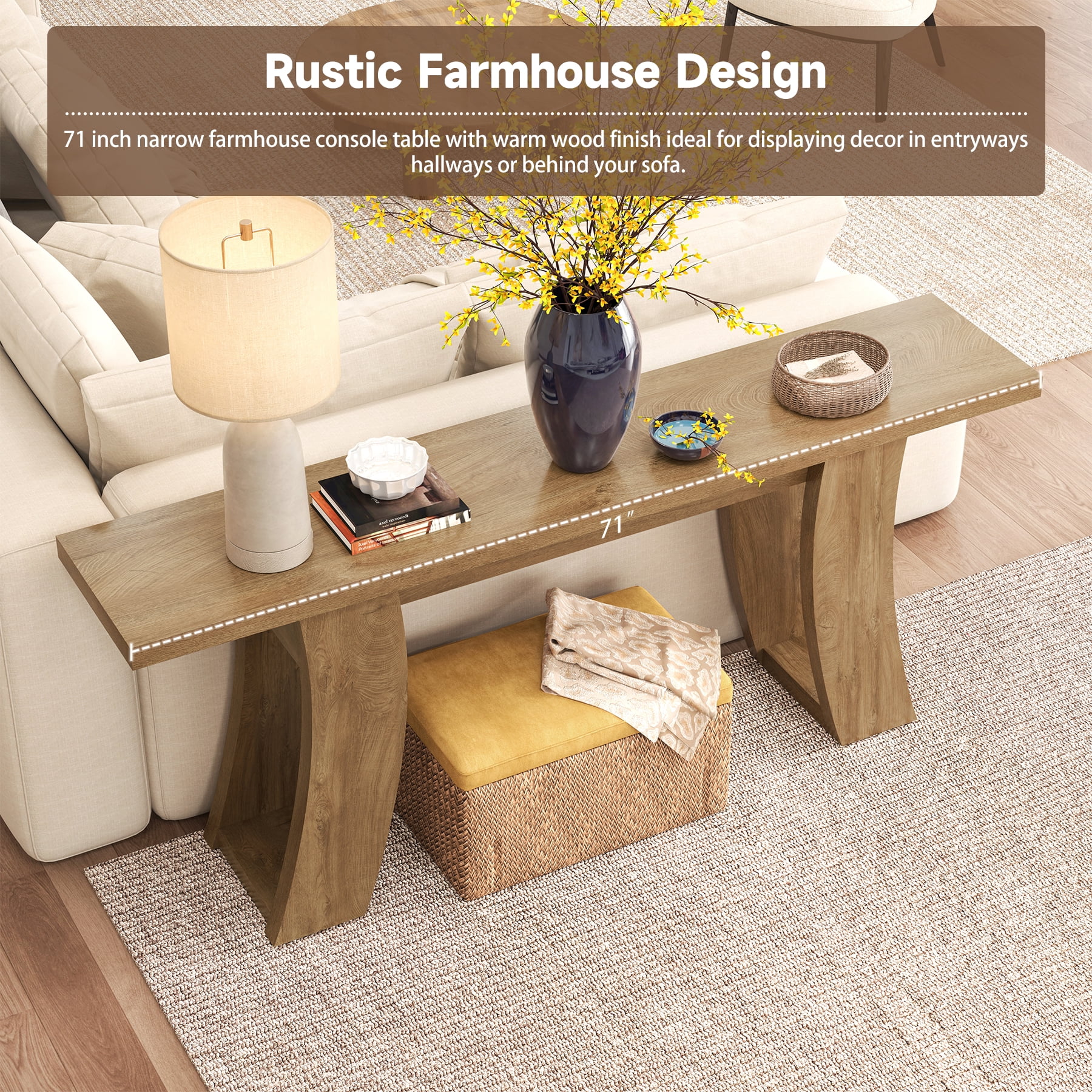 Epecoya 70.9 inch Farmhouse Wood Console Table - Light Brown Oak Entryway Sofa Table with Curved Base for Living Room or Hallway