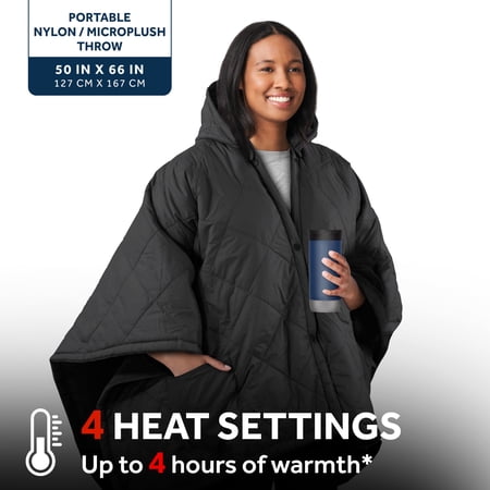 SUNBEAM ON-THE-GO CORDLESS HEATED THROW BLANKET WITH HOOD GRAY NYLON/MICROPLUSH 50X66