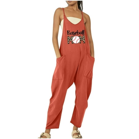 

Dyegold Jumpsuits for Women Casual Wide Leg Jumpsuit With Pockets for Women Baseball MOM Leopard Letter Print Summer Overalls Sleeveless V Neck Rompers