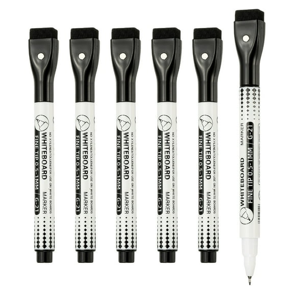 Magnetic Whiteboard Pen, 0.5-1mm Fine Tip Dry Erase Black Markers, 6 Pcs