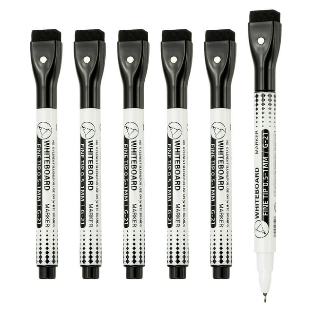 Stylo Magnétique pour Tableau Blanc, Marqueurs Noirs Effaçables à Sec à Pointe Fine 0,5-1 mm, 6 Pcs