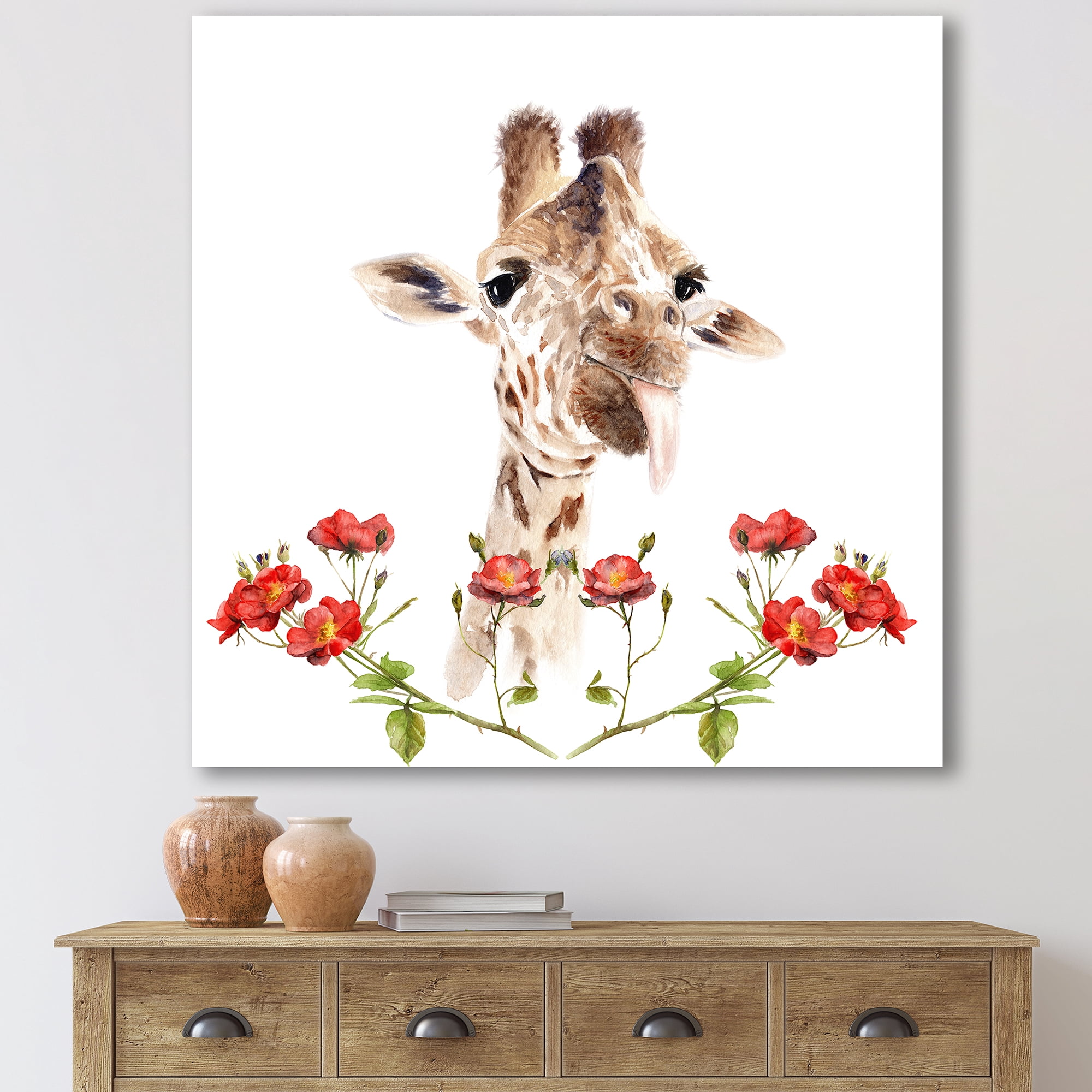 Designart ' Portrait of A Giraffe With Red Flowers I ' Farmhouse Canvas Wall Art Print