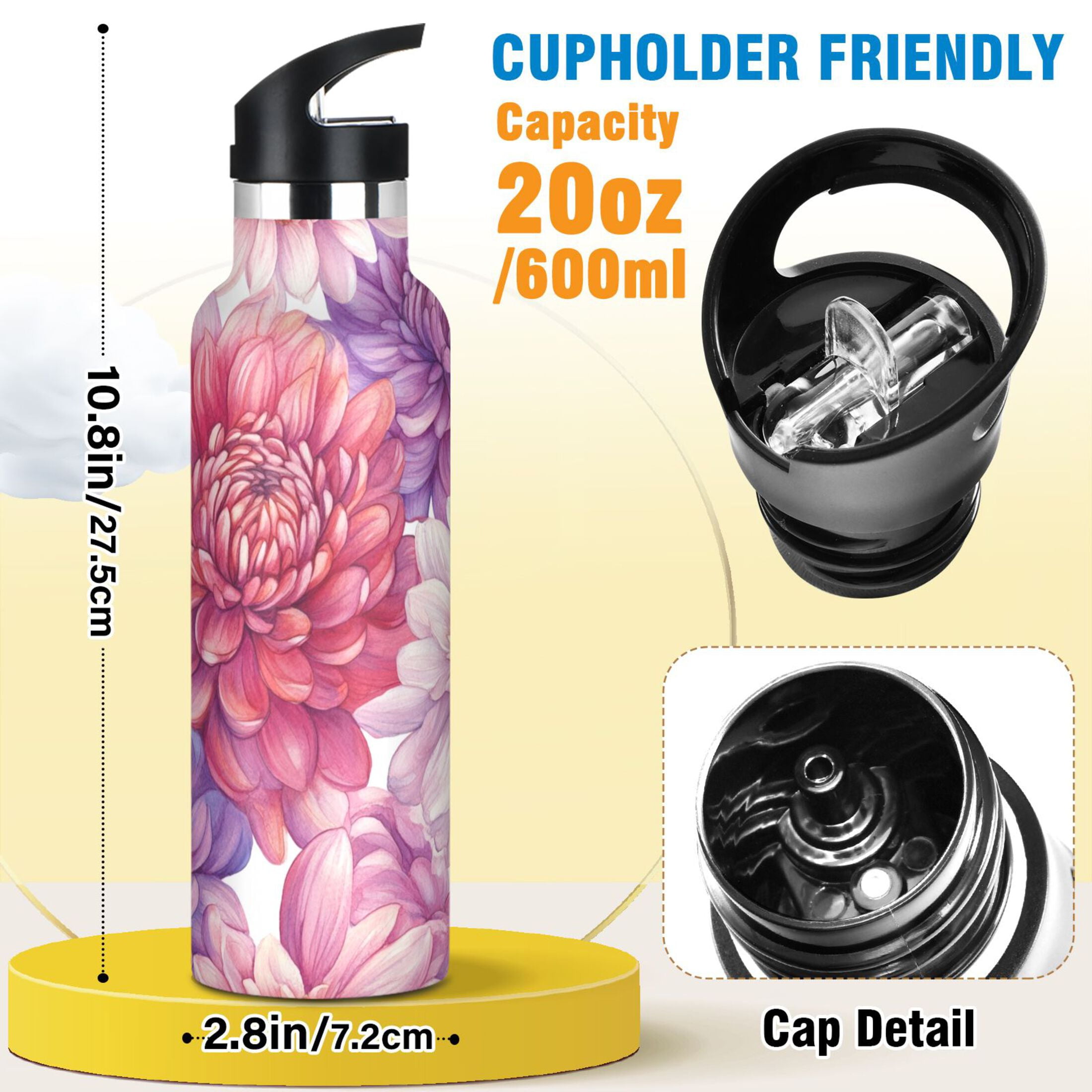 600ML Stainless Steel Insulated Cup Sports Water Bottle Portable Thermos Cup Water Glasses Insulated Tumblers Convenient and Durable Chrysanthemums Purple