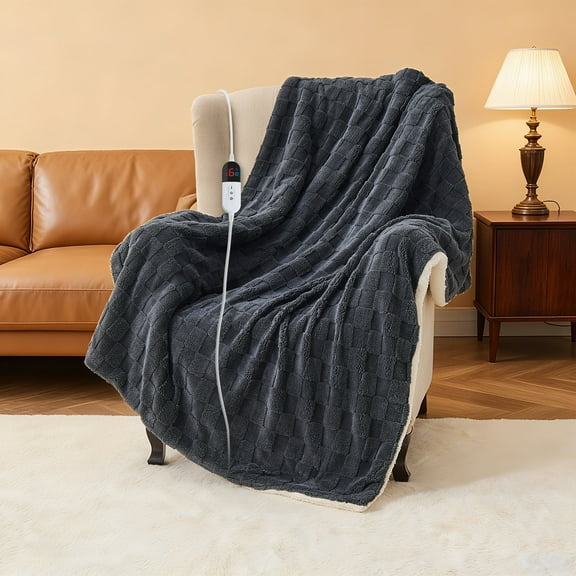 Dhole Electric Heated Blanket Checkered Fleece Throw 50x60 Inches Fast Heating Blanket 6 Heating Levels & 4 Hours Auto Off ETL Certification, Dark Gray