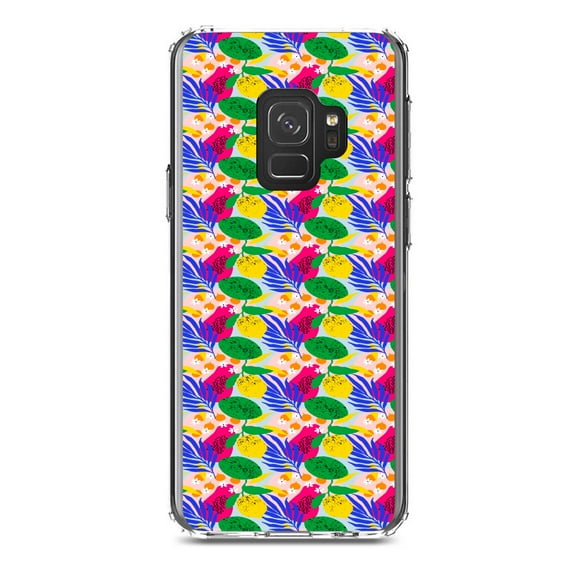 DistinctInk Clear Shockproof Hybrid Case for Samsung Galaxy S9 (5.8" Screen) - TPU Bumper, Acrylic Back, Tempered Glass Screen Protector - Summer Vibes Floral Pattern Pink Green Yellow