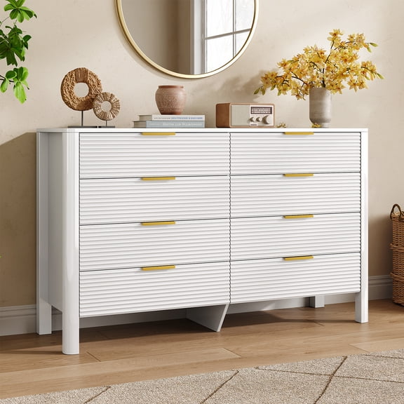 NIUEJOI Fluted 8 Drawers Dresser for Bedroom, 47" White High Gloss Chest of Drawers with Metal Handles for Living Room, Hallway