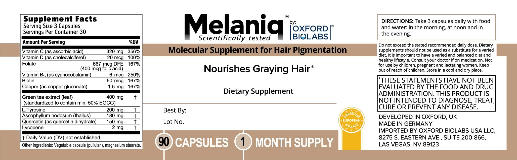 Melaniq Hair Pigmentation Supplement with Copper, L-Tyrosine, Biotin & Antioxidants – Supports Normal Hair Pigmentation & Helps Delay Premature Greying – 1-Month Supply