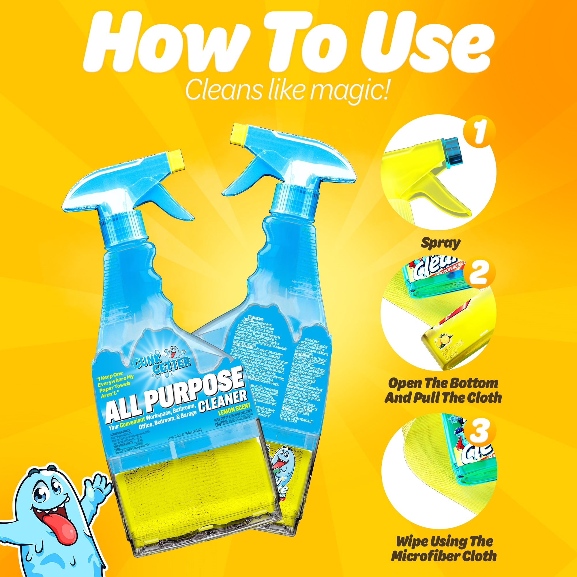 Gunk Getter - Spray Bottle with Microfiber Cap - All Purpose Cleaner 16 fl oz - Lemon Scent