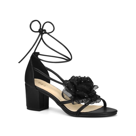 BLISSFUL STEP Flower Lace Up Strappy Block Heel Sandals for Women Black (Size 6)