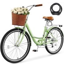 Lilypelle 24/26inch City Cruiser Bicycle for Women, 7 Speed Step Through Adult Commute Bike with Basket & Rack，Green