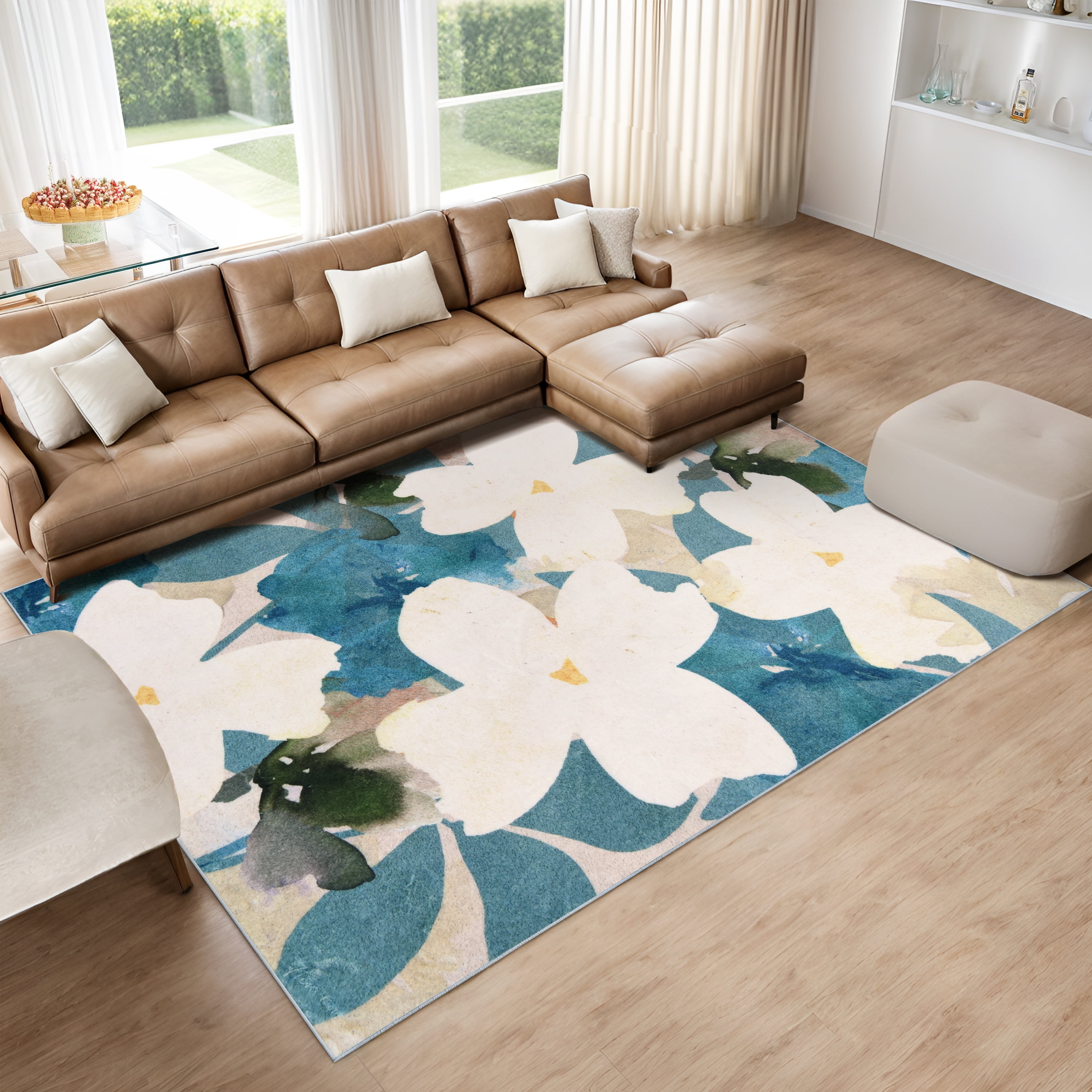 Peach Teal Floral, 8'x10' Hand Washable Flowers Art Area Rug