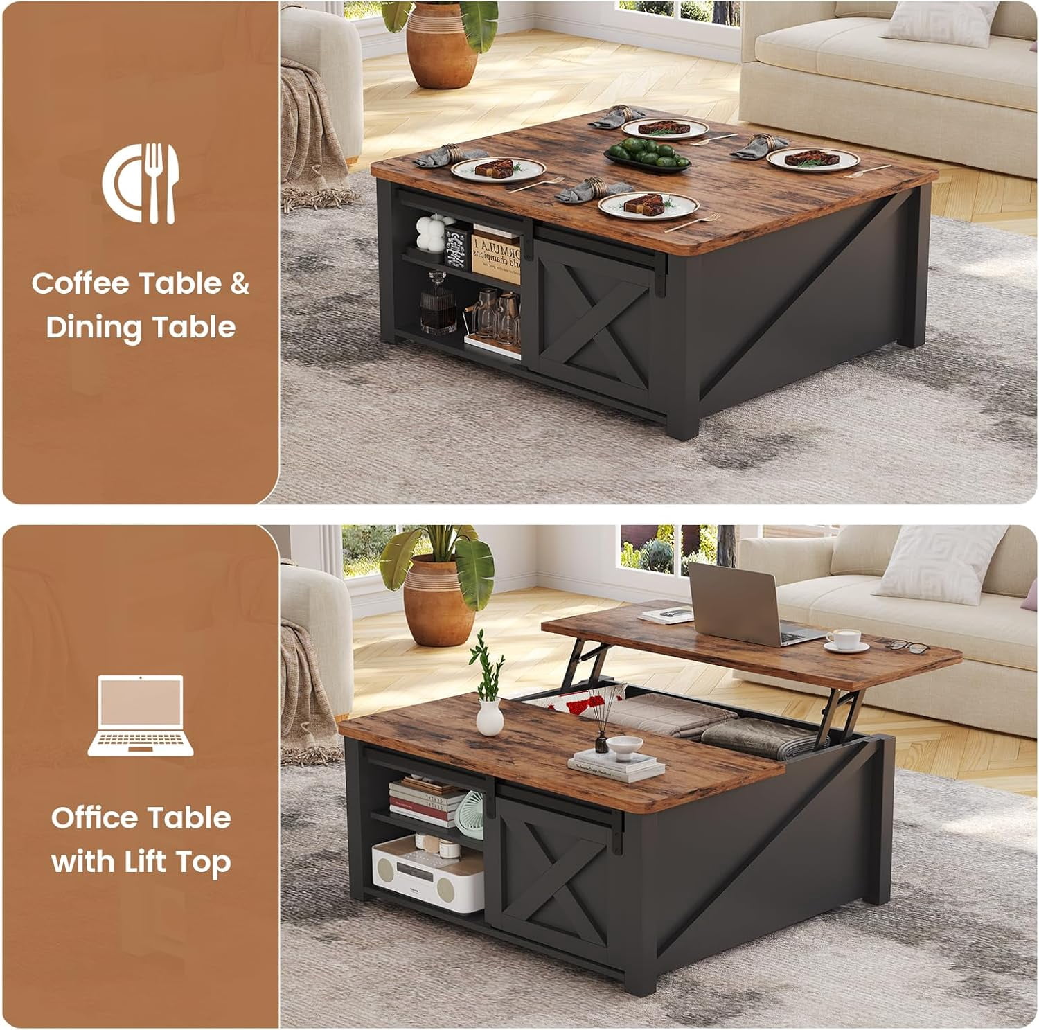 31.5" Square Lift Top Coffee Table, Farmhouse Coffee Table with Ample Storage, Wood Center Table with Sliding Doors and Large Hidden Space for Living Room Home Office, Black