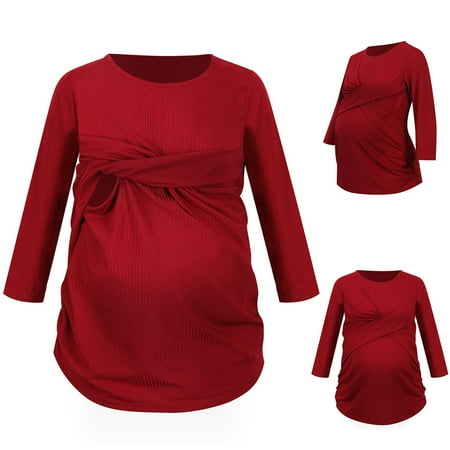 

Women Cute Maternity Clothes Solid Color Long Sleeve Top Round Neck Leisure Breastfeeding Nursing Pregnant Tops