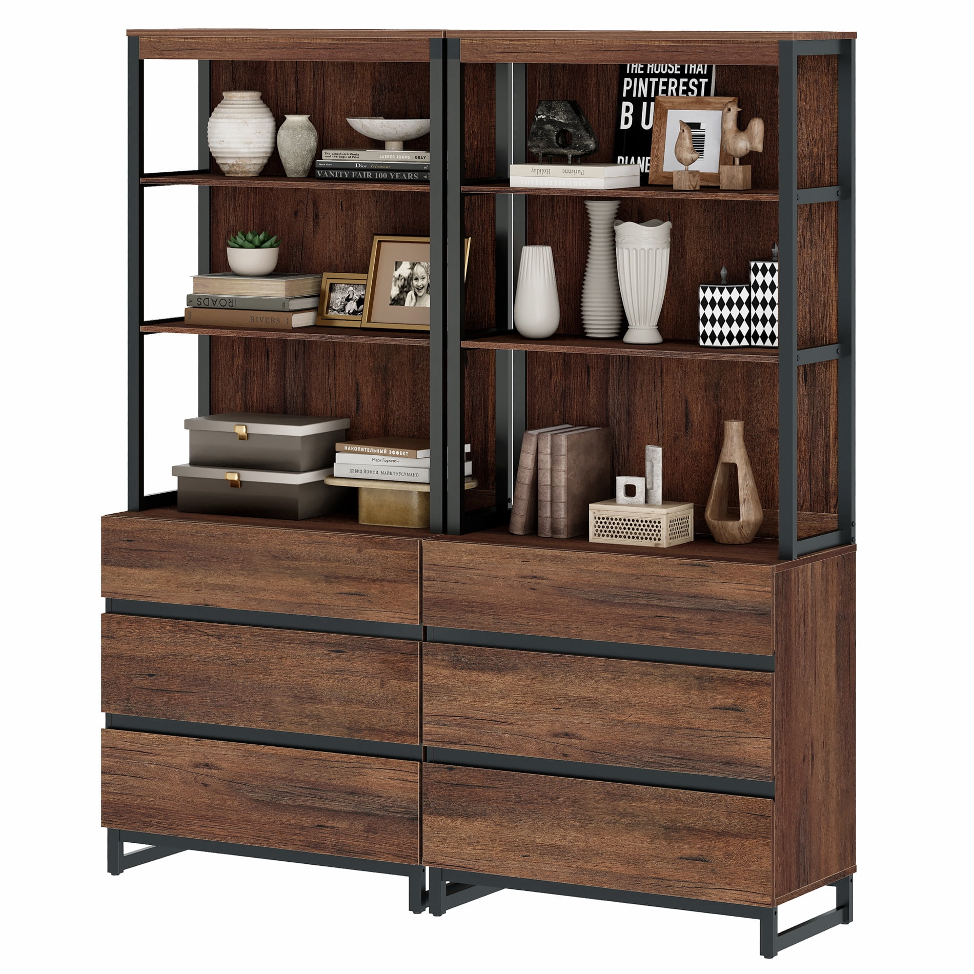 WAMPAT 2 PCS Modern 72" Tall Bookcase with 6 Drawers and Open Book Shelfs, Library Book Shelf with Storage Cabinet and Metal Base, Wood Freestanding Bookshelves for Home Office, Living Room, Brown