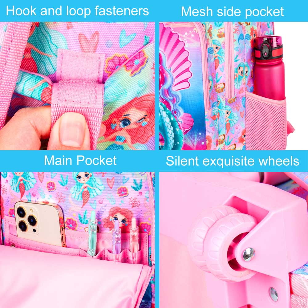 AGSDON 3PCS Rolling Backpack for Girls, 20" Kids Roller Wheels Bookbag, Wheeled School Bag with Lunch Bag - Mermaid Pink