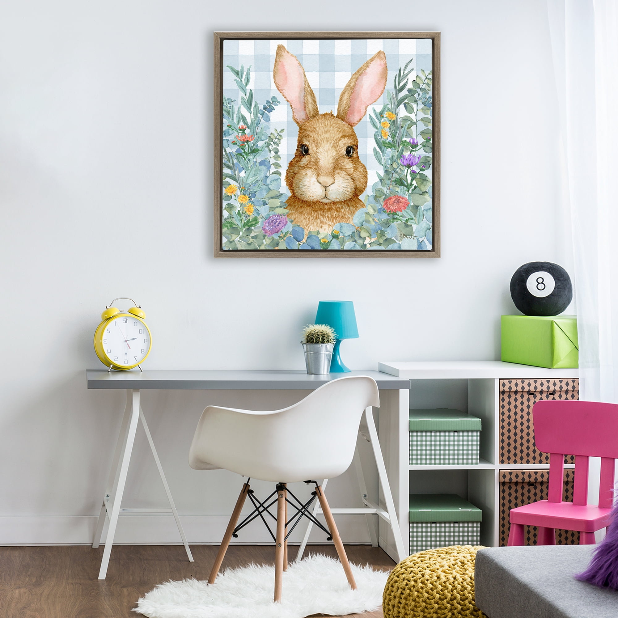 Stupell Industries Rabbit Laurel on Gingham Brown Framed Floater Canvas Wall Art, design by Paul Brent