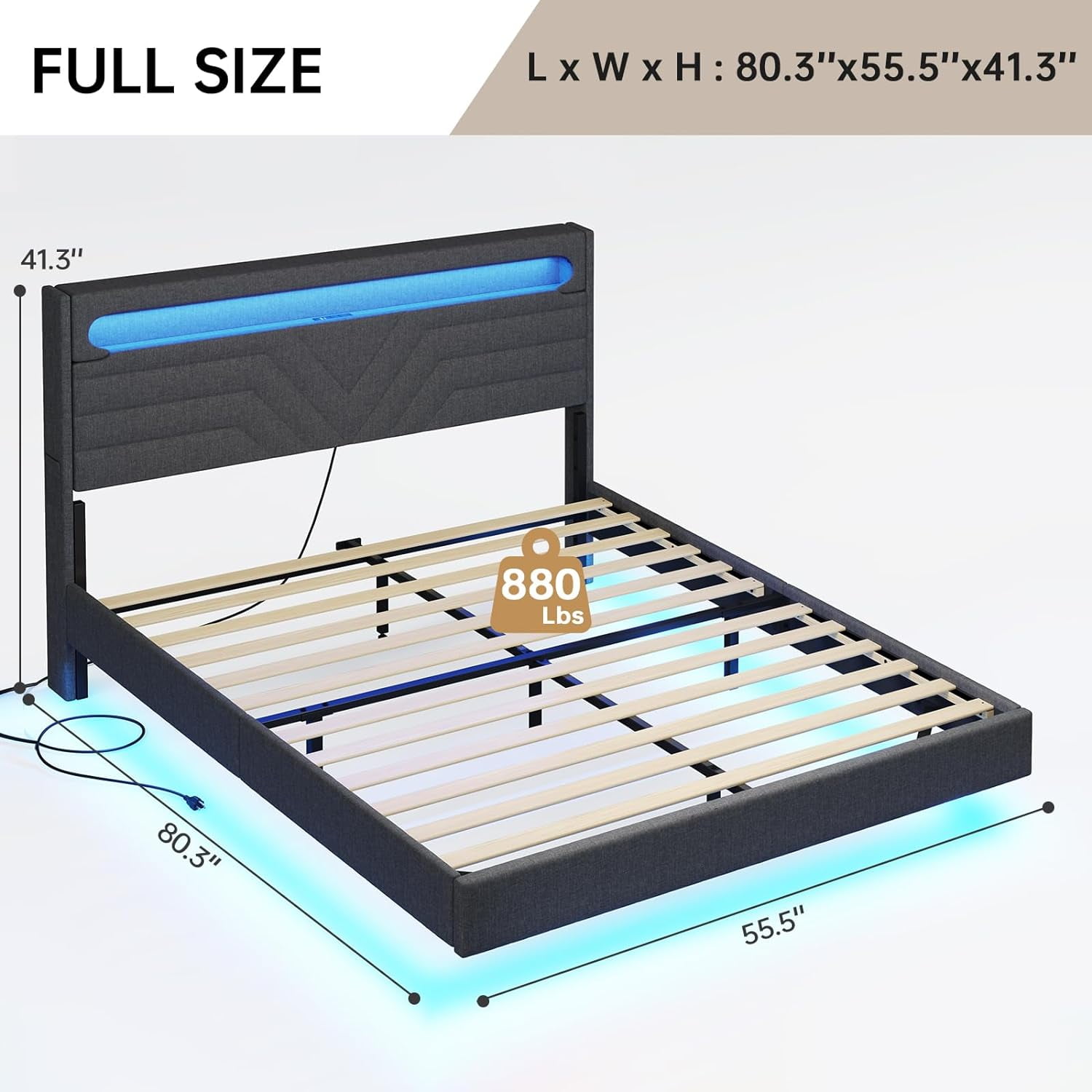 Floating Bed Frame Full Size with LED Lights Headboard, USB-C/A Power Combo,Upholstered Platform Bed with Storage,Dark Gray