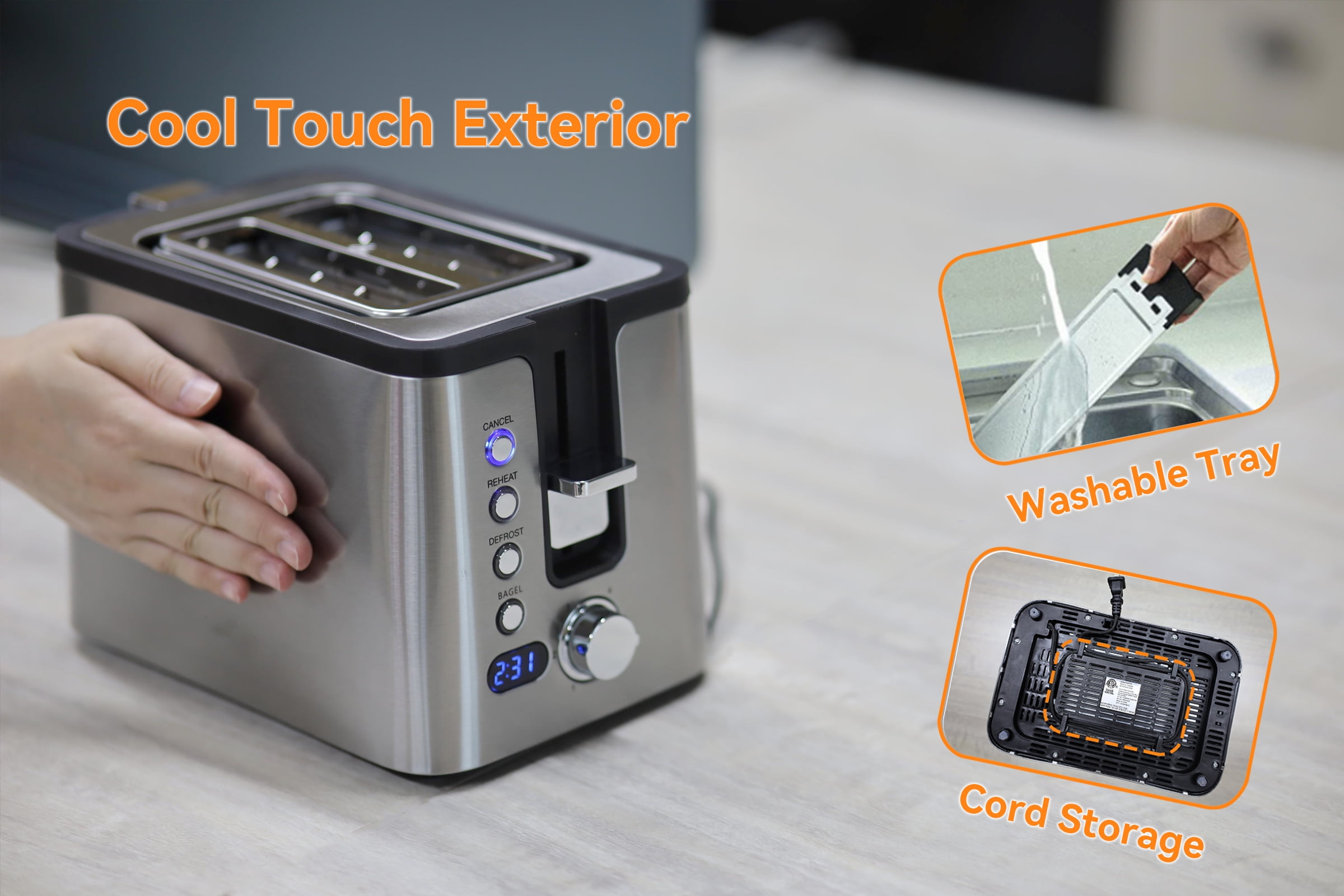 Mecity 2-Slice Stainless Steel Toaster with 6 Browning Settings, Extra Wide Slots, Bagel, Defrost, Reheat, Cancel, Countdown Timer, Warming Rack, Silver