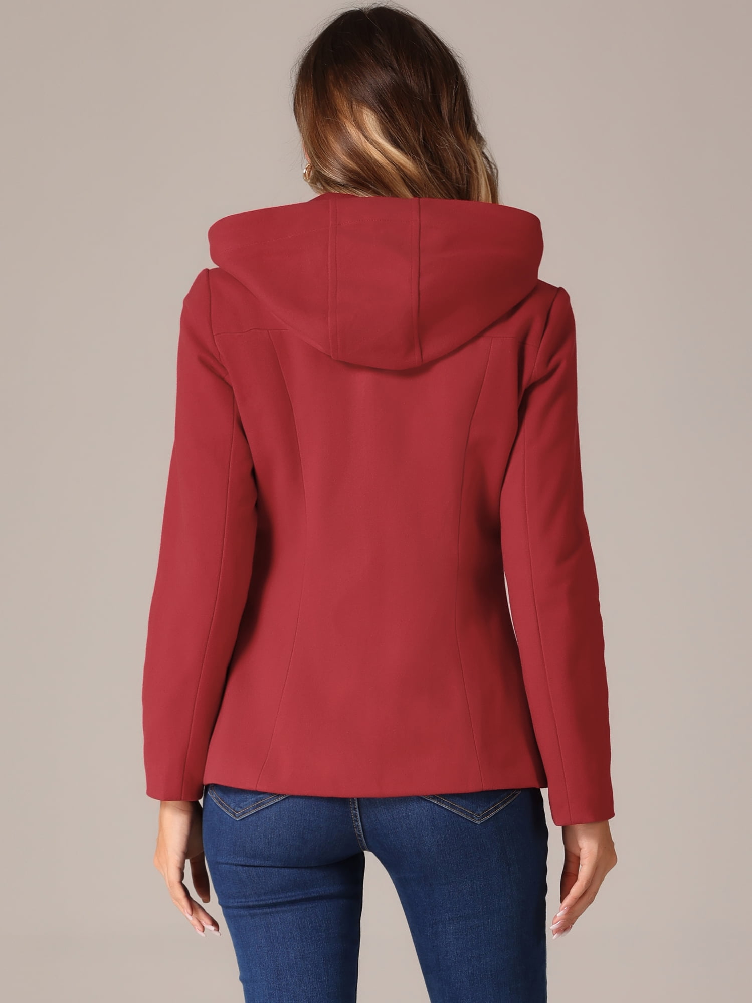 DARING DIVA Women's Winter Outwear Hooded Zip Up Button Toggle Pea Coat Red M