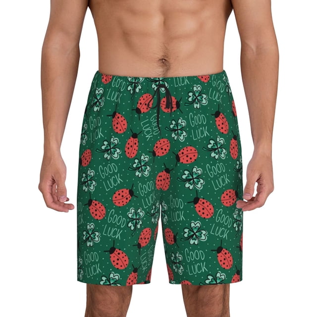 Balery Good Luck Ladybug Pantalones cortos de pijama de punto de algodón para hombre con cinturilla y bolsillos-Large