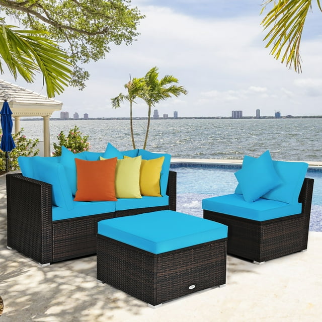 Costway 4PCS Patio Rattan Wicker Furniture Set Cushioned Sofa Ottoman Garden Turquoise