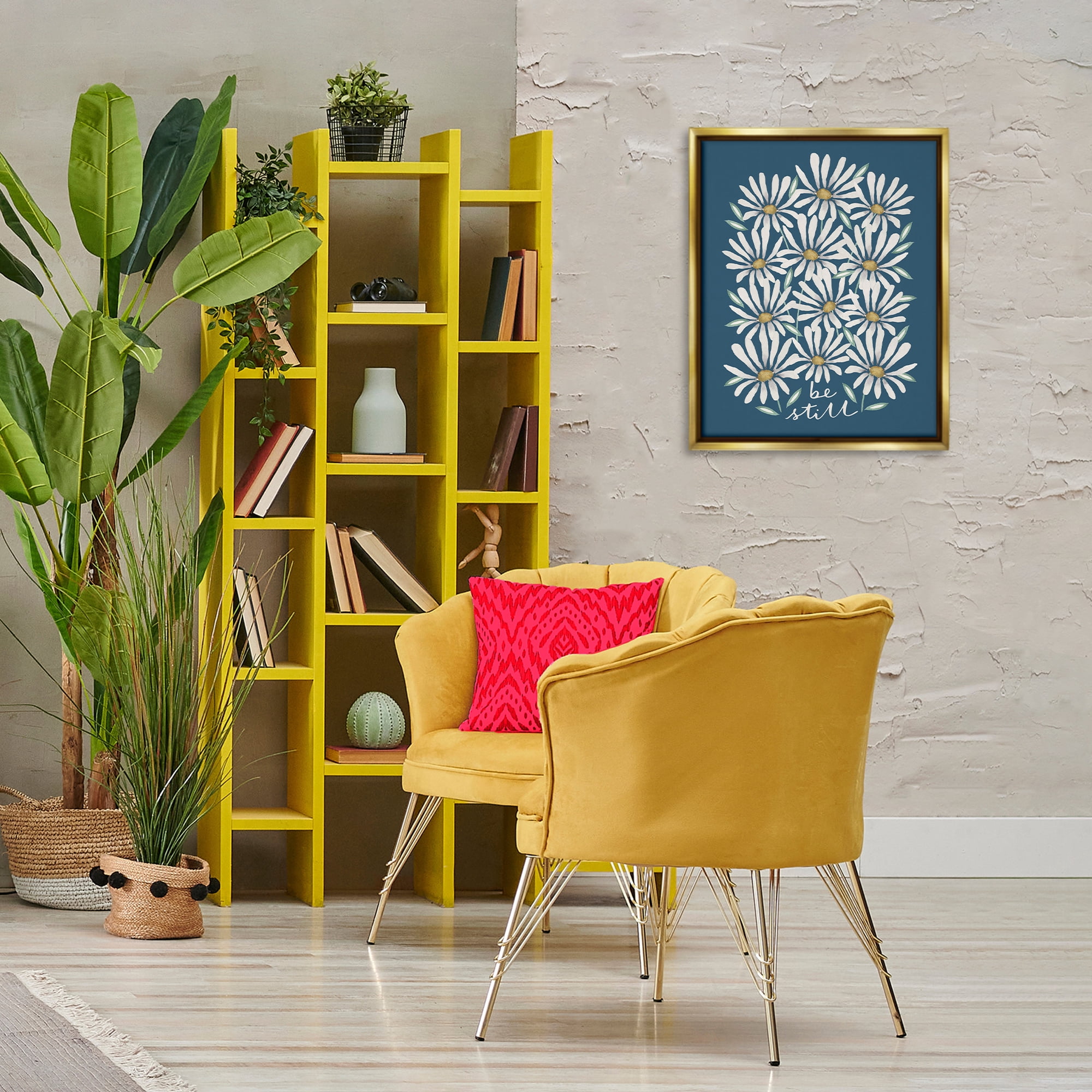Stupell Industries Be Still Daisy Pattern Botanical & Floral Painting Gold Floater Framed Art Print Wall Art, 17 x 21