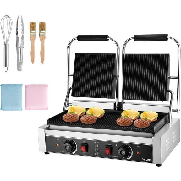 Commercial Panini Grill, 3600W Electric Sandwich Maker, Stainless Steel Double Sandwichs Press with Handle and Temp Control, 19x9 in Full Grooved Enamel Plate, for Hamburger Steak Bacon