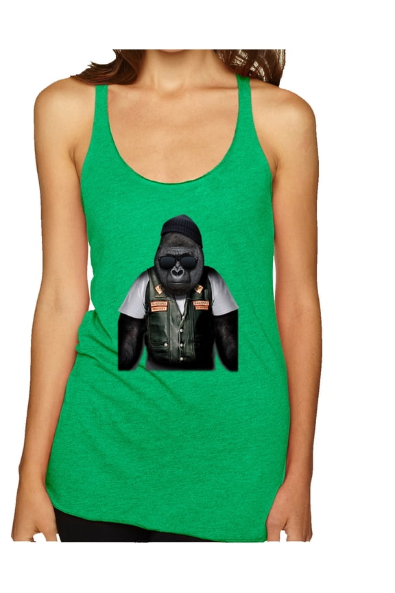 , Cool Silverback Gorilla with Sunglasses and Biker Vest | Womens Animal Lover Premium Tri-Blend Racerback Tank Top, Envy, Large