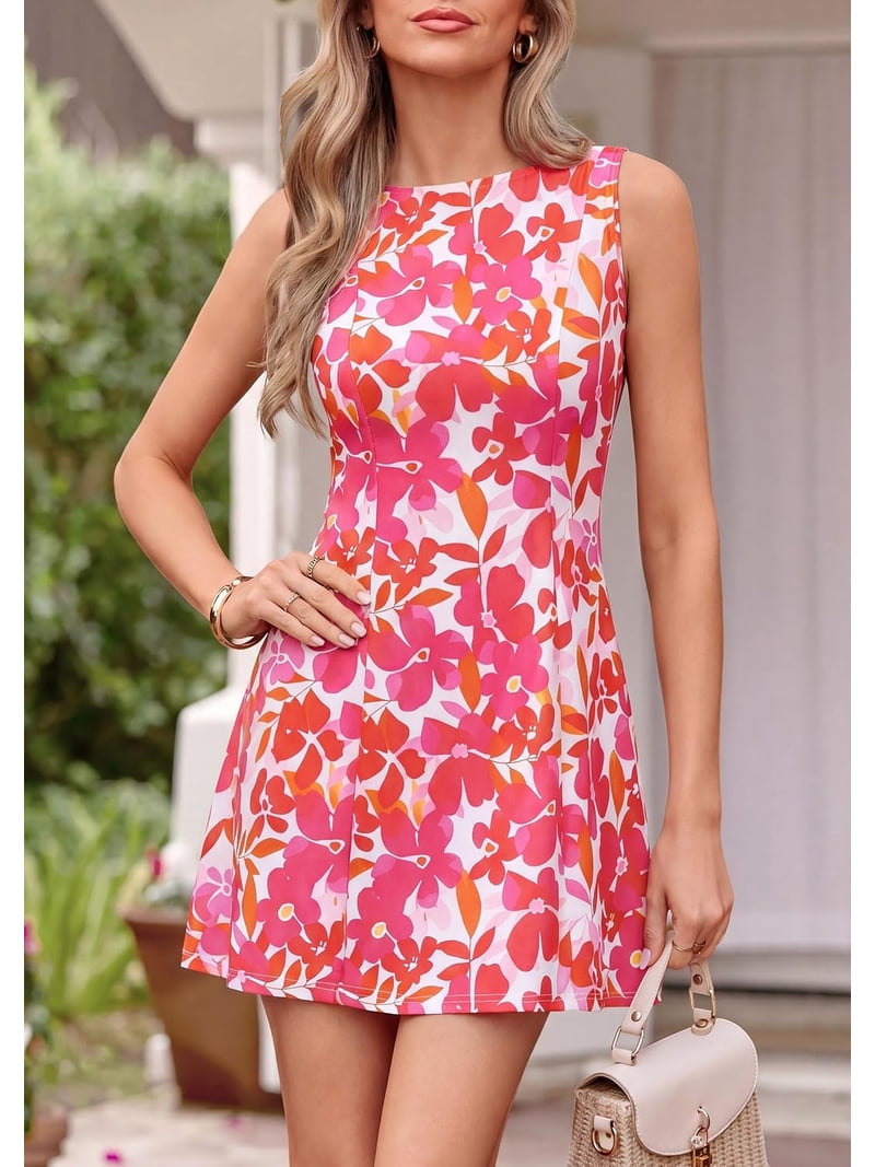 Wrongduck Women's Floral A-Line Mini Dress Sleeveless Boat Neck Summer Casual Cocktail Party Dress with Pockets Vacation Outfit 2026