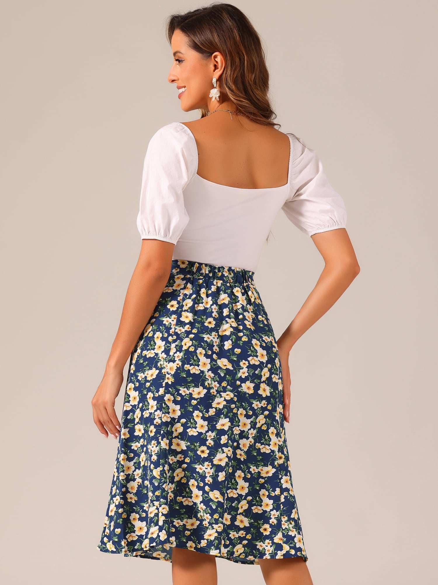 DARING DIVA Women's Elastic Waist A-Line Floral Print Midi Skirt S Dark Blue