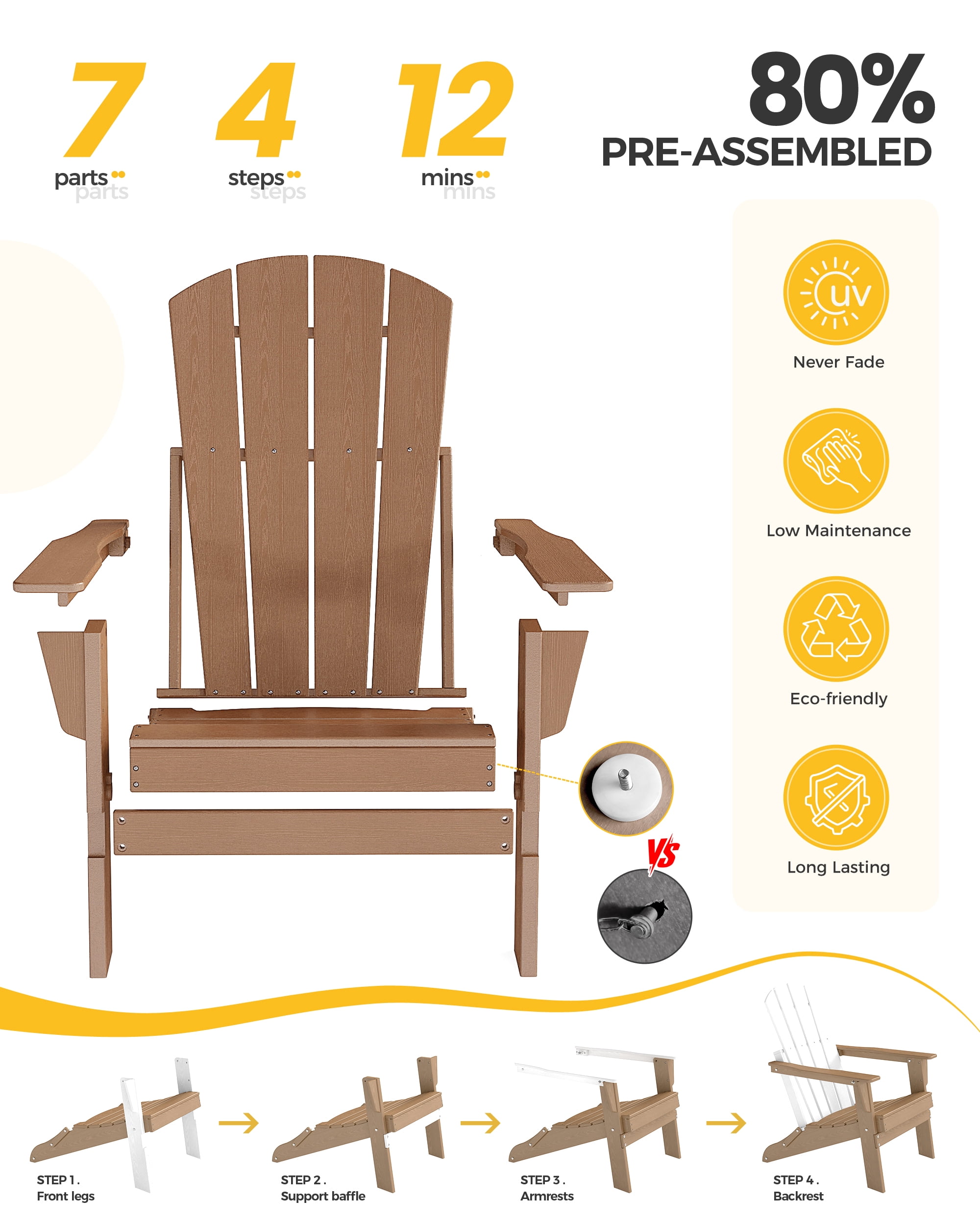 Cobiod Folding Adirondack Chair Set of 2, HDPE Patio Chair, All-Weather Space-Saving Foldable Fire Pit Seating for Camping, Backyard, Deck - Cedar