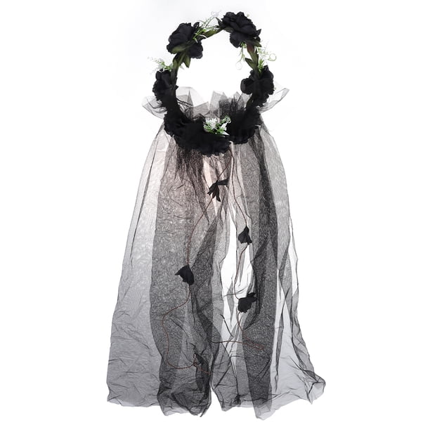 Velos de novia con corona floral, tocado de rosas artificiales, diadema para el pelo, accesorios para el pelo, guirnalda para fiesta de Halloween para mujeres (negro)