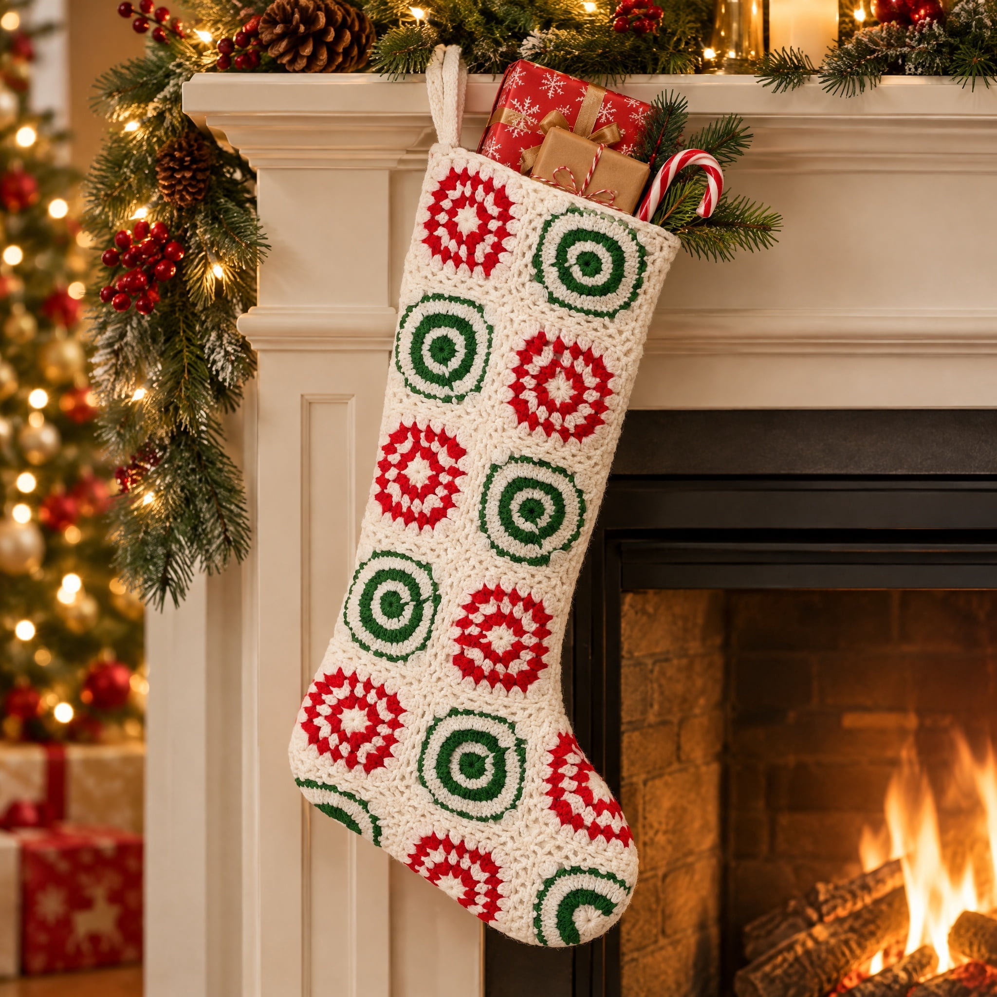 Crochet Christmas Stocking, White/Red/Green, 19", by Holiday Time
