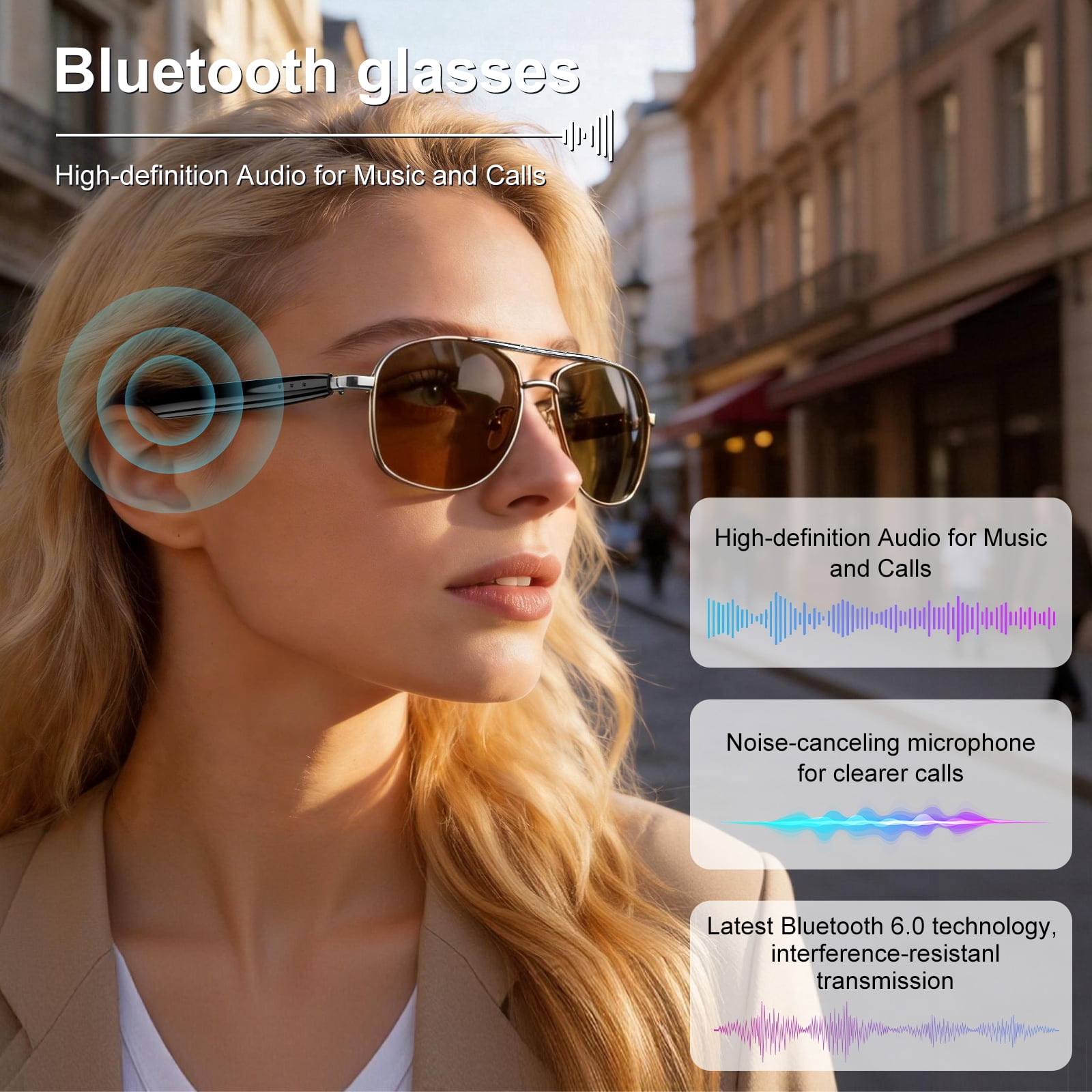 LUOMATE Smart Glasses with Bluetooth Audio, Sunglasses with Voice Assistant, Open Ear Speaker, LensTouch Control for Travel Work Business (Sliver)