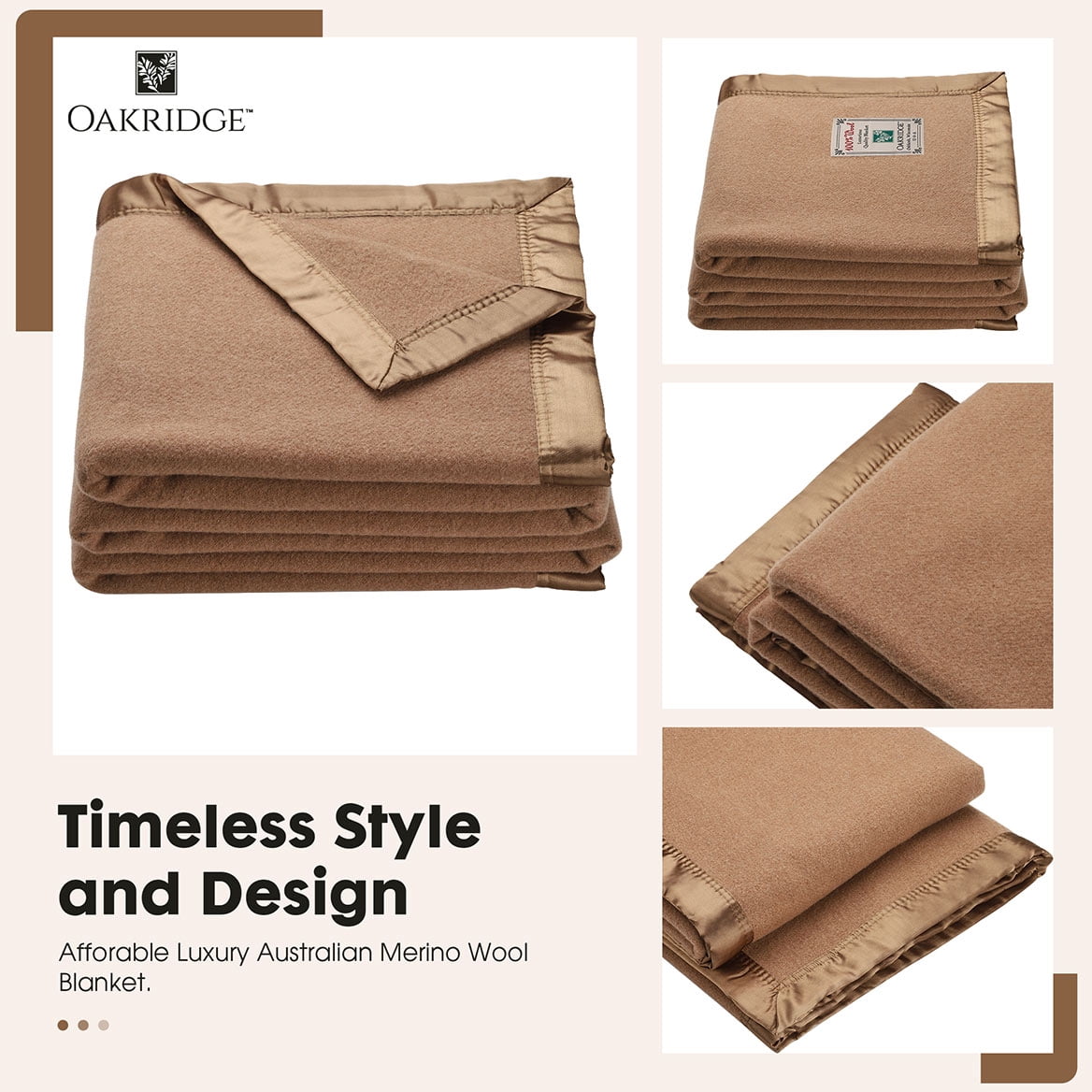 OakRidge Heirloom Merino Wool Blanket – 100% Australian Wool with Vintage Satin Edges – Breathable, Odor-Resistant, All-Season Bedding in Full/Queen Size – Tan Cozy Throw for Home or Travel