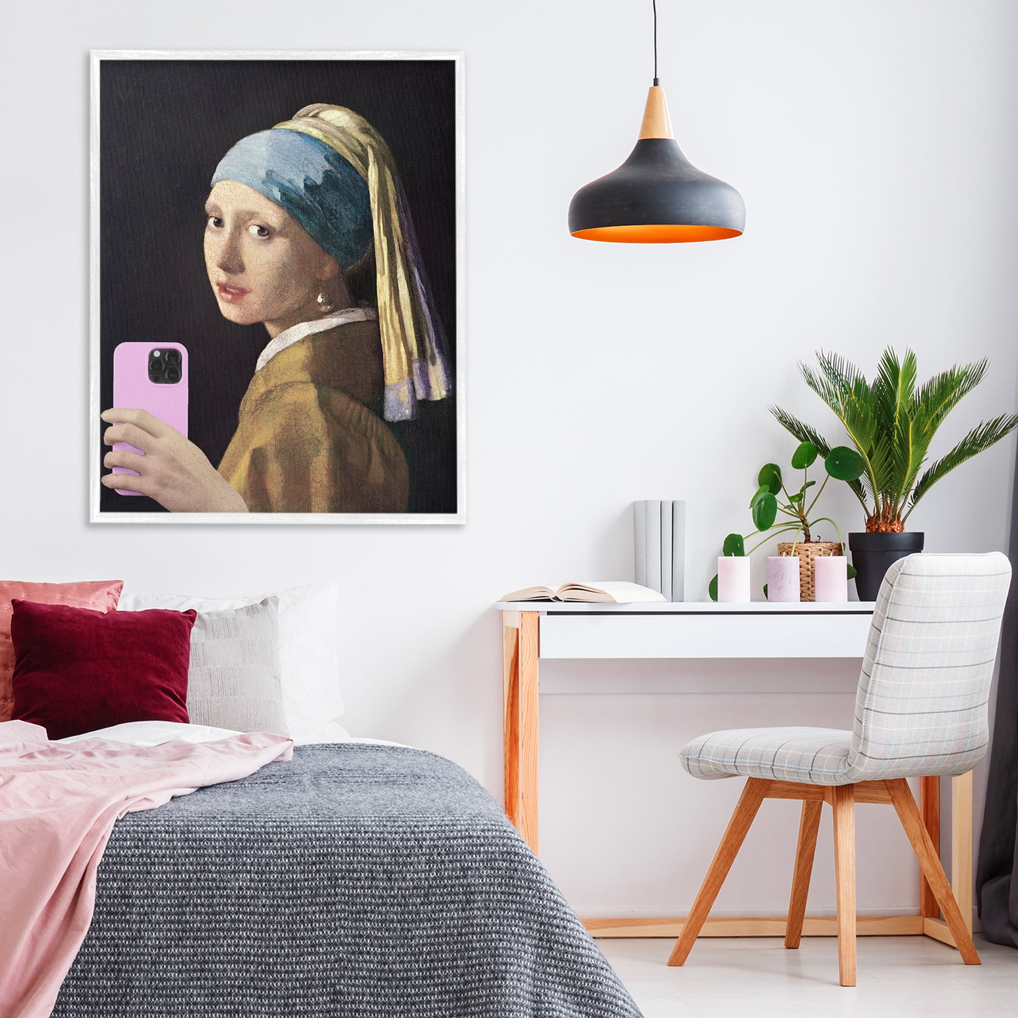 Girl With Pink Phone Funny White Framed Giclee Art, design by Masters Redux