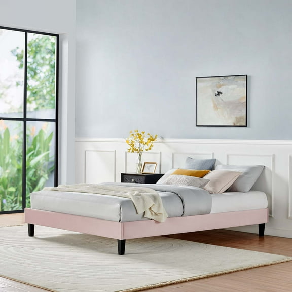 Modway Reign Queen Performance Velvet Platform Bed Frame in Pink