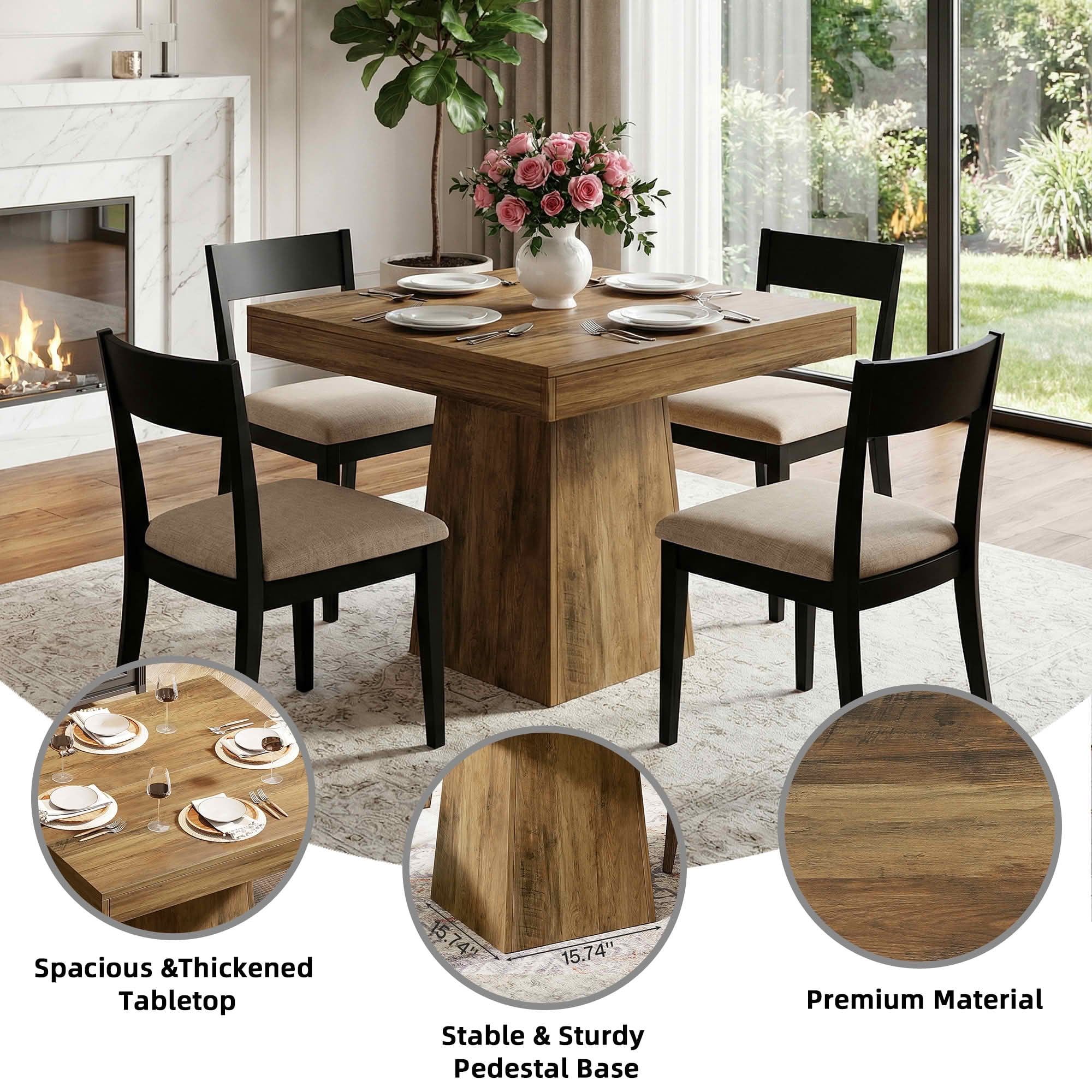 MAYEERTY 31.5 Inch Square Dining Table, Small Farmhouse Industrial Kitchen Dinner Table with Thick Tabletop and Pedestal Base for 4 People
