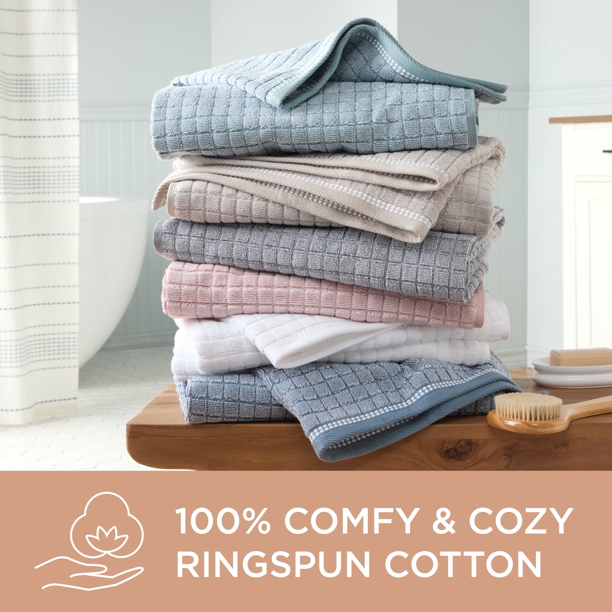 TOWN & COUNTRY EVERYDAY 4-Piece Textured Windowpane Bath Towel Set, 30"x58", 100% Cotton, Plush & Absorbent 550GSM, Blush