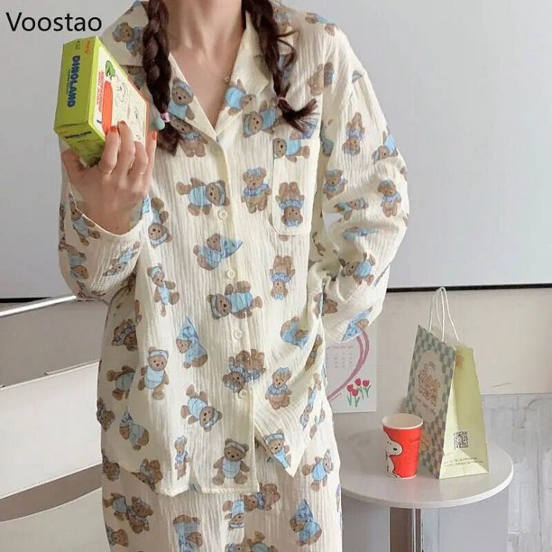 Pijama japonés con estampado de oso de dibujos animados para Mujer, ropa de dormir bonita, conjunto de 2 piezas, ropa de casa informal, primavera y otoño