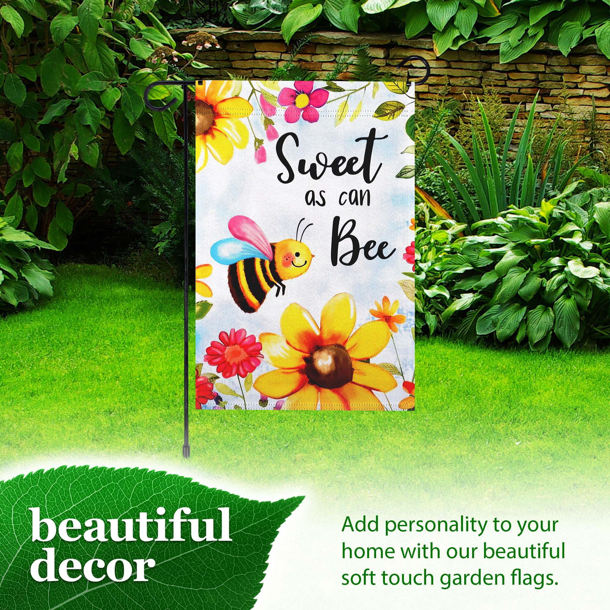 G128 Combo Pack: Garden Flag Stand 36x16IN & Garden Flag Sweet Bee Flowers Printed 12x18IN Double Sided