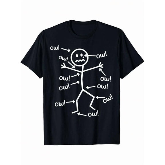 【New Arrival】Funny Sore Stick Figure Ow Text Graphic T-Shirt, Soft Cotton Crew Neck Short Sleeve Tee, Casual Humor Daily Wear Novelty Gift For Workout Fitness Lovers