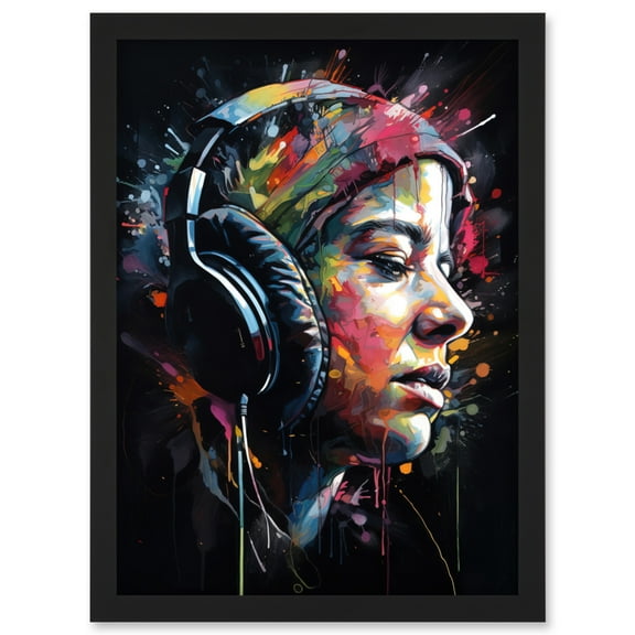 Lost in Melody Listening to Music Through Headphones Modern Acrylic Splat Paint Colour Painting Artwork Framed Wall Art Print A4